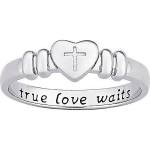 Ring featuring a cross in a heart with engraving "true love waits"