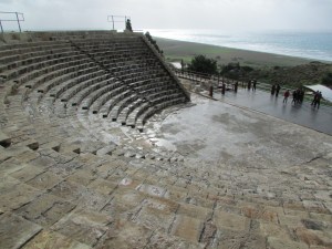 Ancient Roman theater with Mediterranean Sea in the background