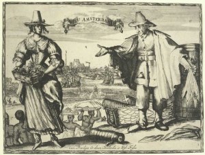 two dutch colonists in the foreground with slaves working in the background, titled "New Amsterdam"