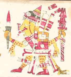 16th century Aztec illustration depicting a god wearing a human skin.