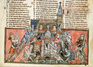 Medieval manuscript image showing crusaders attacking a castle.