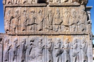 Stone carving depicting Persian warriors in the Greco-Persian war.