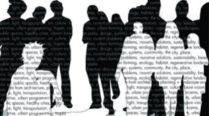 Silhouettes of group of people made up of text
