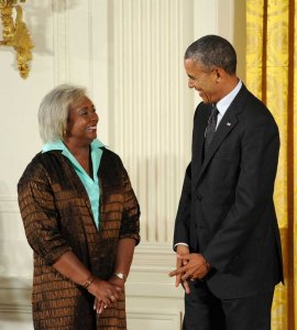 Darlene Clark Hine with President Obama at the 2013 National Humanities Medals award ceremony.