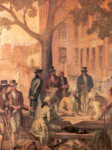 painting depicting stockbrokers meeting under a tree