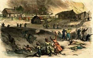 artist depiction of buildings burning and lynchings