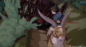 Ashitaka on his mount fleeing an angry demon.