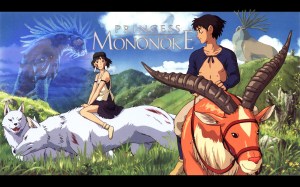 Title art of Princess Mononoke film featuring girl on a white wolf and prince on an ox.