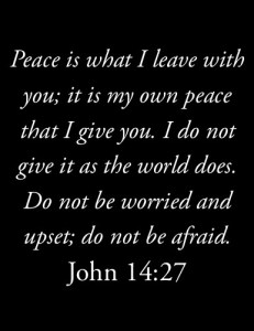 peace is what i leave with you; it is my own peace that i give you. i do not give it as the world does. do not be worried and upset; do not be afraid. (John 14:27)
