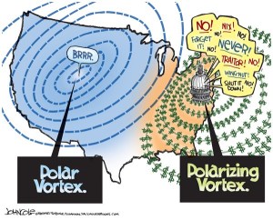 Political cartoon with a map of America, one side that says "brrr" labeled as "Polar Vortex" and the other side pointing to Washington DC with "Polarizing Vortex"