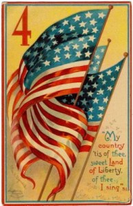 American flag with the text "My country tis of thee, sweet land of liberty, of thee I sing."