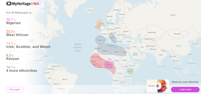 Map from "My Heritage DNA", highlighting the regions in Africa where my ancestors were from.