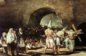 Painting of people dressed in tattered cloths, whipping themselves and bleeding