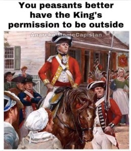 British soldier on horseback among colonial settlers with the caption "You peasants better have the King's permission to be outside."